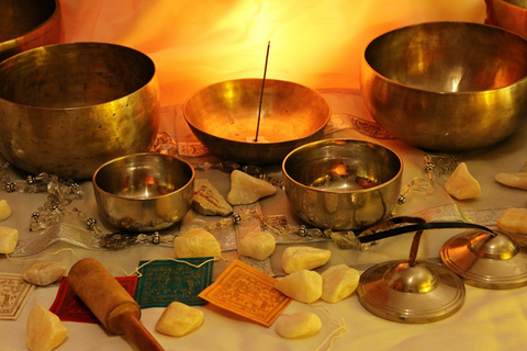 table with crystals and gold bowls