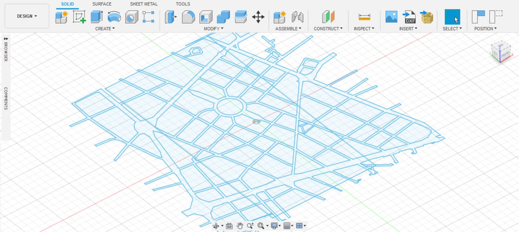 Vector city map imported in DXF format in Autodesk Fusion 360 to extrude a city-shaped custom chocolate bar mold