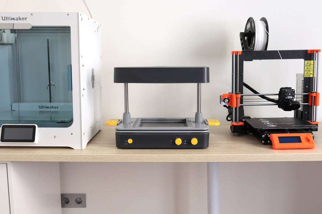 Mayku FormBox vacuum forming machine with Ultimaker and Prusa 3D Printers