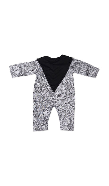 Twilight Romper 2-Piece flat shot of long sleeve romper with matching reversible bib worn over garment, showing solid side.