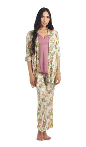 Beige Floral Analise 3-Piece Set. Woman wearing 3/4 sleeve robe, tank top and pant as non-maternity.