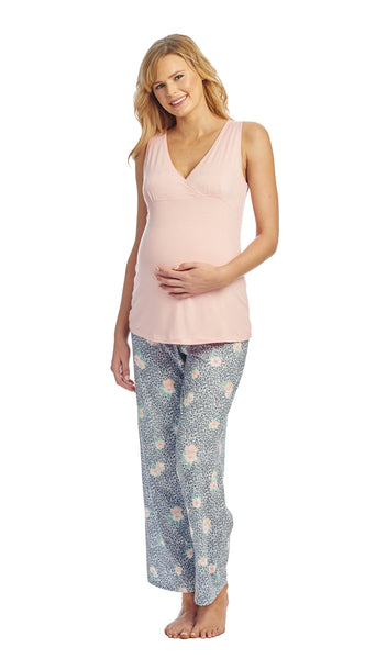 Jungle Floral Analise 3-Piece Set, pregnant woman wearing criss-cross bust tank top and pant.