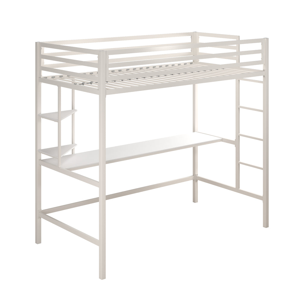 white bunk bed with desk