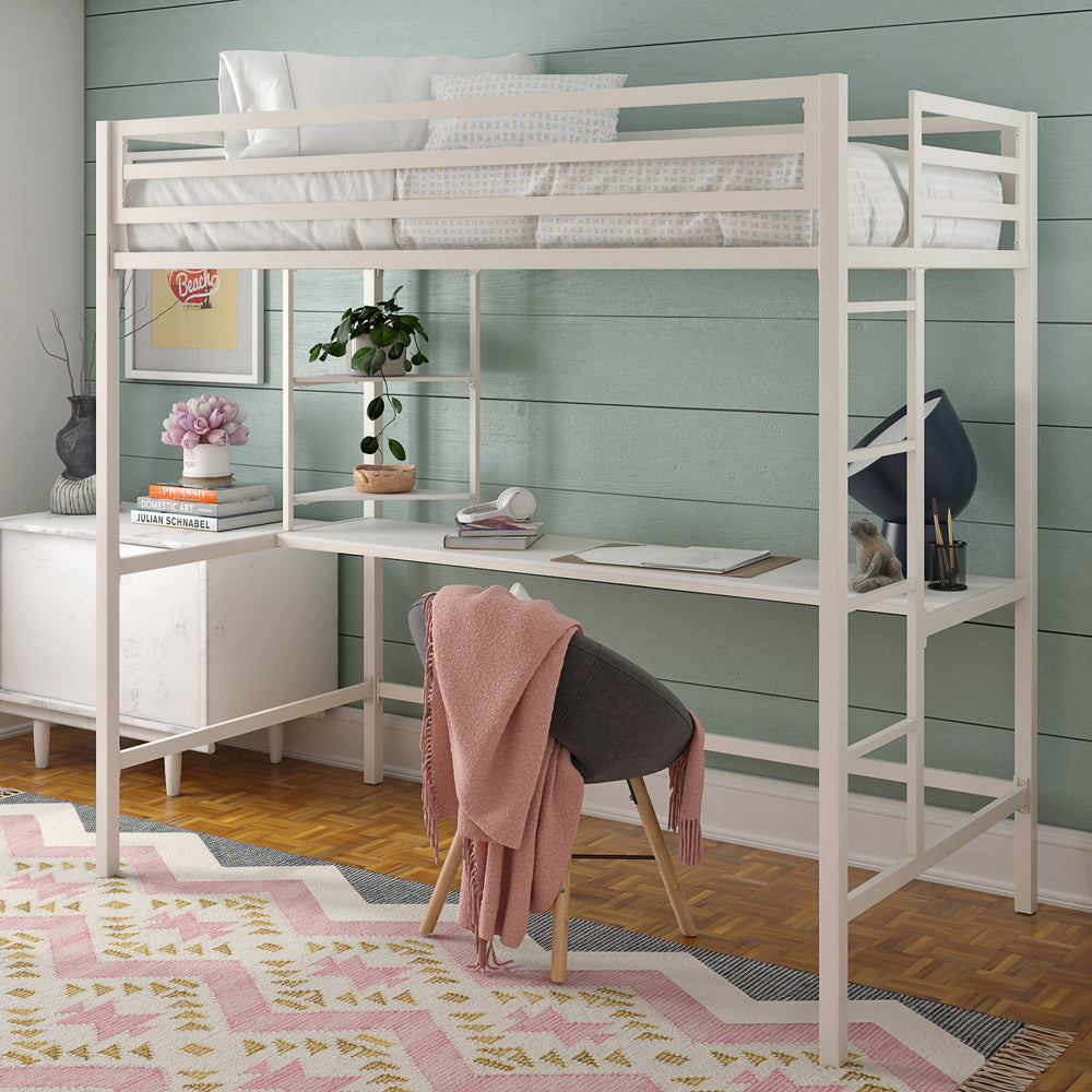 white metal loft bed with desk