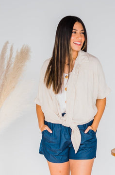 Oatmeal Dolman Sleeve Button Up Linen Shirt