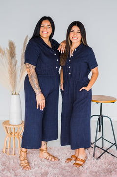 Button Front Navy Linen Jumpsuit