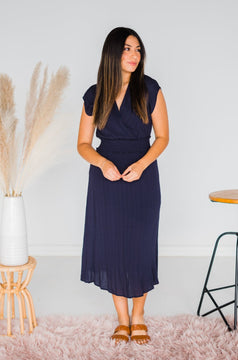 Navy Wrap Front Midi Dress