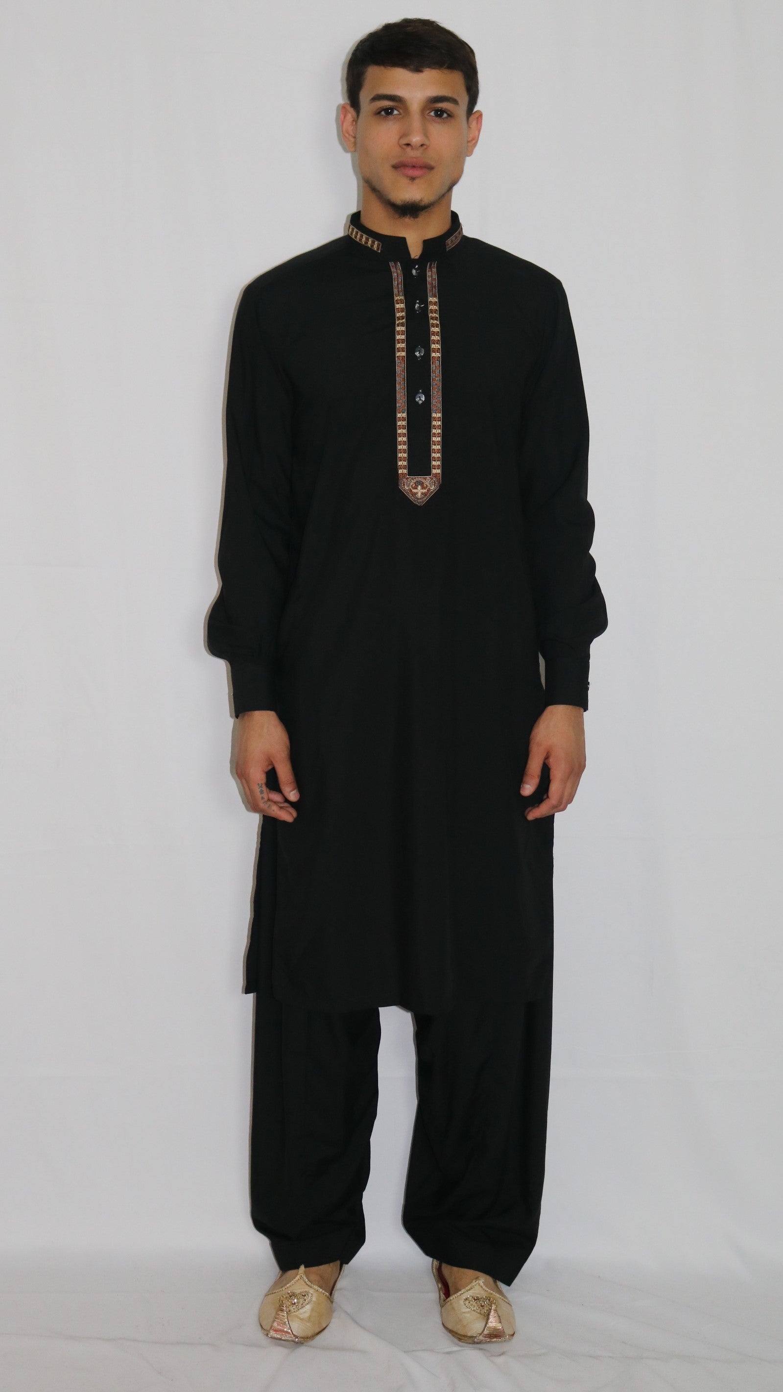 black-mens-shalwar-kameez-with-embroidered-neckline