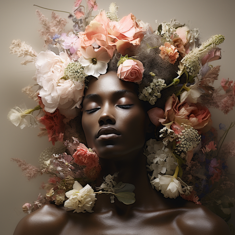 a beautiful black woman sleeping while wearing flowers and a crown, in the style of sculpture-based photography, luminous palette, light bronze and bronze, made of flowers, portraits with soft lighting, photo-realistic techniques, floral explosions