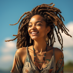 A modern portrait of a joyous Black woman in her early to mid-twenties, sporting shoulder-length, medium-sized locs. She stands against a backdrop of a sunny park with a bright blue sky, radiating a sense of joy that invites viewers to feel connected to her happiness.