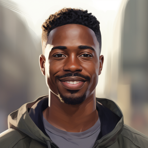 Artistic close-up headshot of a joyful and proud Black man in his twenties, showcasing a fresh haircut. Set against a neutral background, his captivating presence invites feelings of intrigue and content.