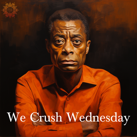 a poster of a James Baldwin with the words we crush wednesday, in the style of dark orange and amber, striped painting