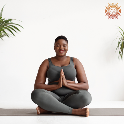yoga pose with an African American woman and a plant on a white background, in the style of light gray and light amber, photo taken with provia, serene faces, lighthearted, curvaceous simplicity, alayna lemmer, dark gray and light amber