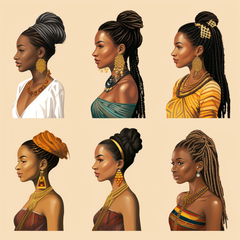 Illustration depicting the transformative journey of braiding styles, starting with traditional African patterns characterized by intricate cornrows and elaborate twists. The visual narrative seamlessly transitions to the fusion styles now prevalent in the Americas, showcasing the blend of cultural heritage and modern innovation. Elements like beads, feathers, and vibrant threads are woven into the braids, symbolizing the rich tapestry of influences that contribute to today's diverse braiding landscape. This illustration is a tribute to the enduring legacy and evolving artistry of braiding, inviting us all to embrace the beauty in our roots and the creativity of our future.