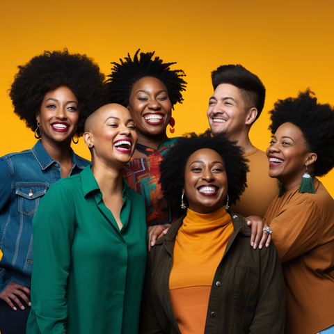 An inspiring collage featuring a diverse range of notable figures from the Black community, each with natural hair and radiating joy and pride. Set against a warm orange backdrop, the urban artistic style fosters a sense of connection and community.
