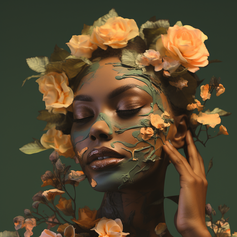 a woman in flower paintings around her face, in the style of zbrush, dark gold and green, nature-inspired camouflage, african influence, vray, dark yellow and light orange, graceful sculptures