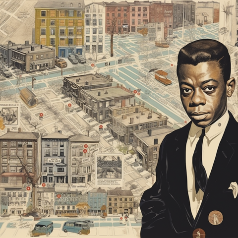 James Baldwin is in the foreground on a map, in the style of modernist street scenes, grandiose portraits, detailed portraits, herb trimpe, grandiose cityscape views, colorized, photographically detailed portraitures