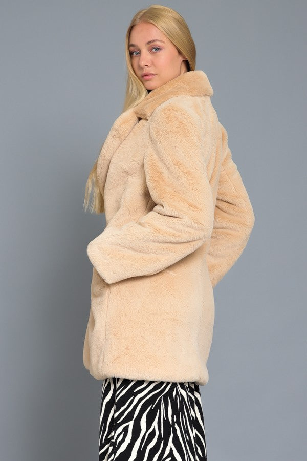 Synthetic Faux Fur Coat in Taupe, Fall and Winter Dress Coat