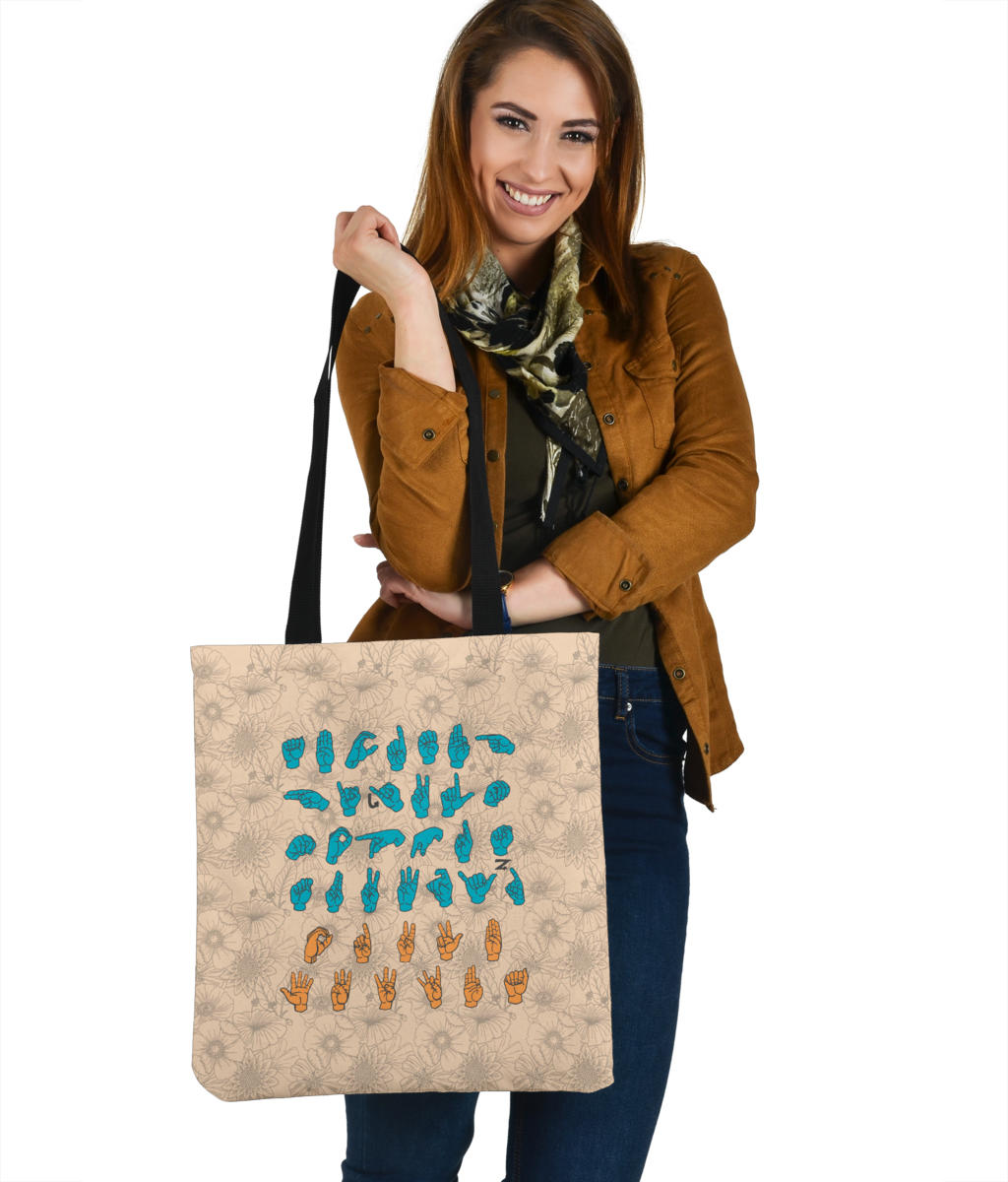 Floral ASL Alphabet Cloth Tote Bag