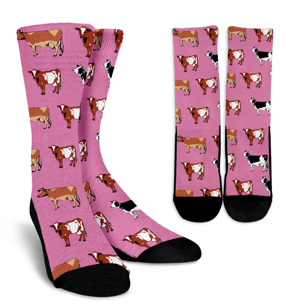 Cow Pattern Socks - Pink Cow Pattern Crew Socks from Groove Bags