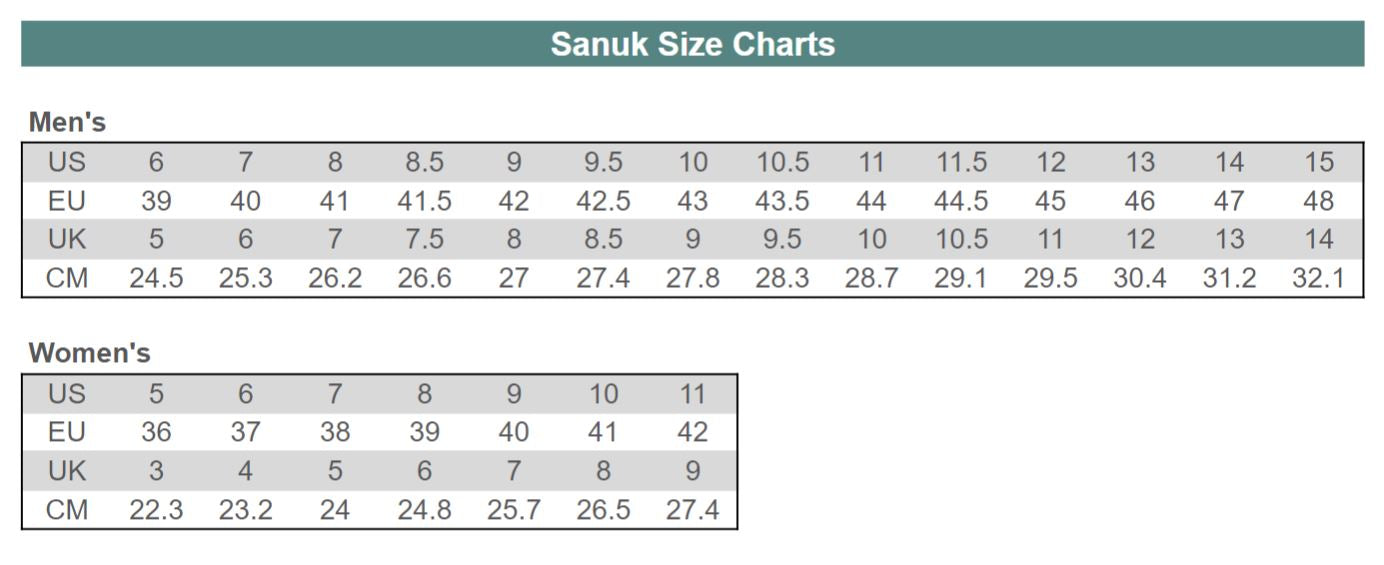 Men To Women S Conversion Size Chart For Sanuk S