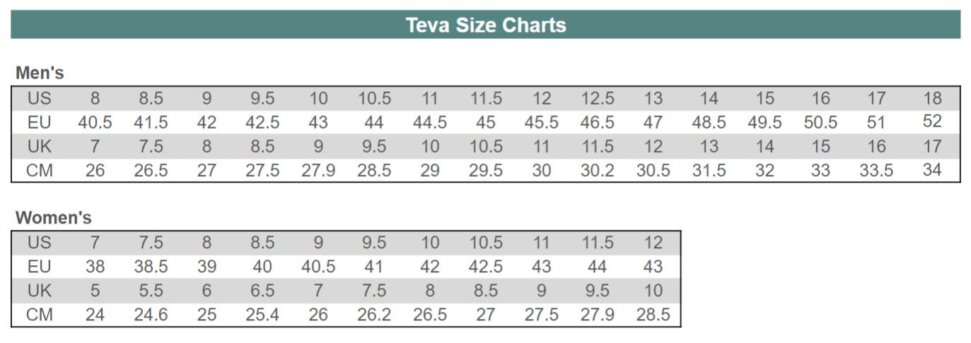 Women's Teva Size Chart - to be deleted