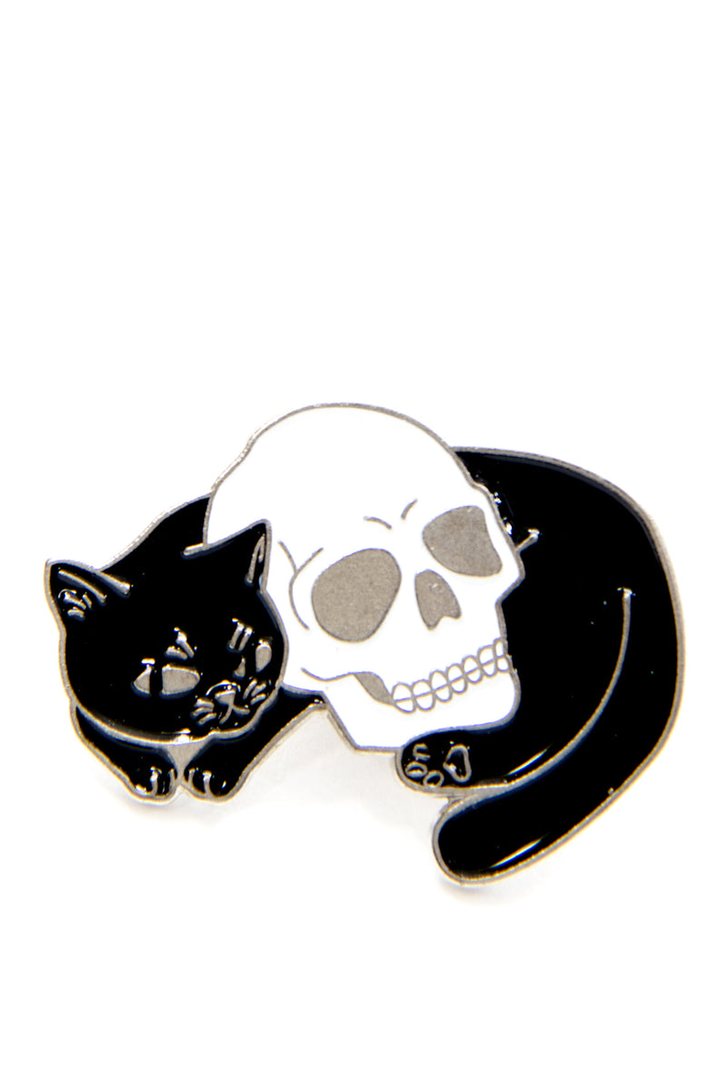 Black Cat Hugging Skull Pin Jessica Louise 