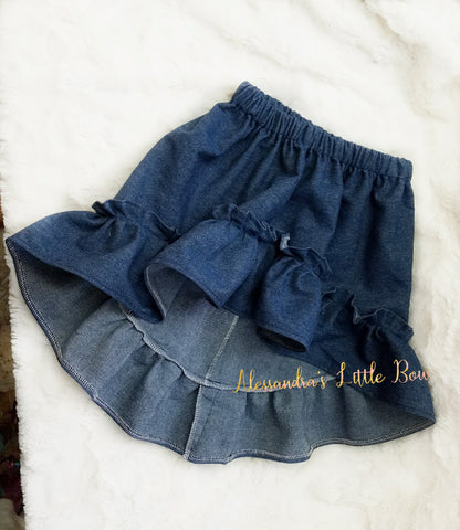 Denim High Low Ruffle Skirt - AlessandrasLittleBow