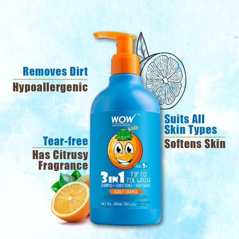 3-in-1 Tip to Toe Wash - Sweet Orange Kids Shampoo + Conditioner + Body Wash - No Sulphates & Parabens - 300 ml