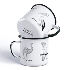 Two enamel mugs showing a wraparound design featuring Australian birds