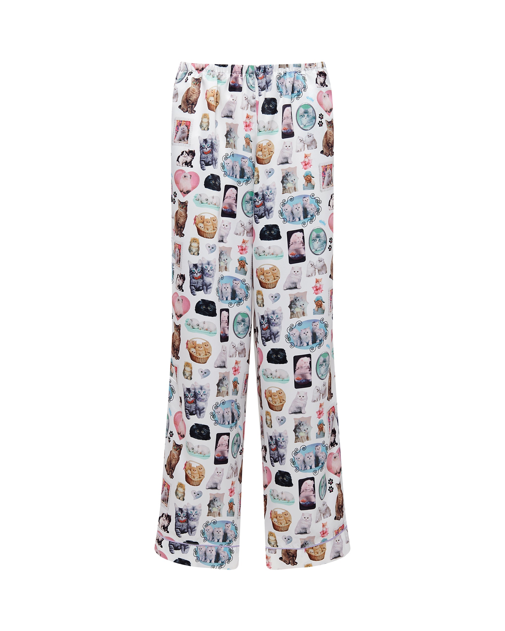 bb x ashley williams kitten print luxury satin trousers