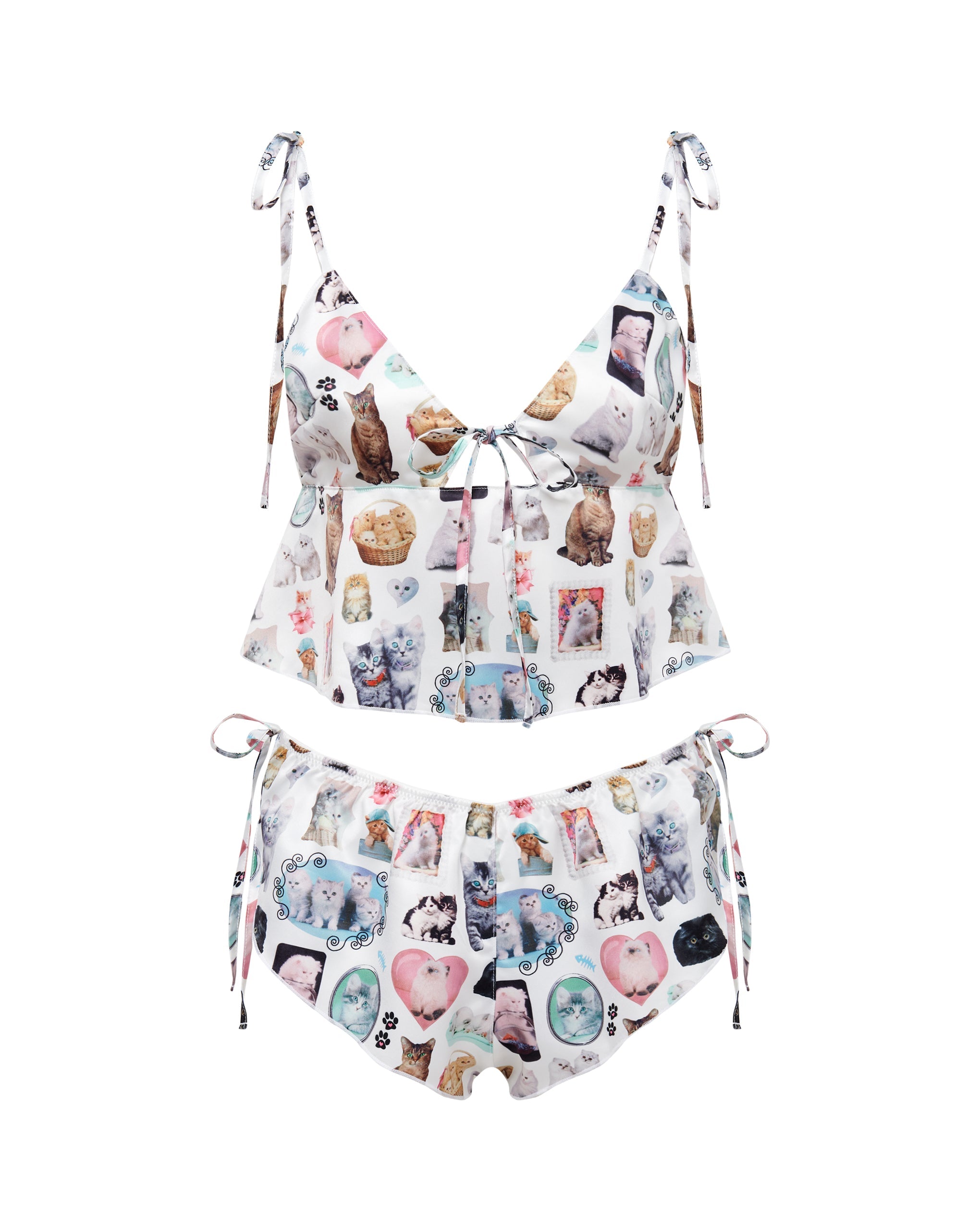 bb x ashley williams kitten print luxury satin crop cami and short set