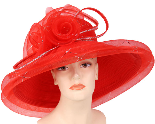 Wide Brim Mesh Derby Church Wedding Hats for Women in Black and Red - 0466