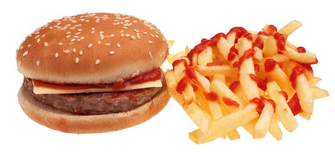 Cheeseburger with fries and unhealthy ketchup with high fructose corn syrup