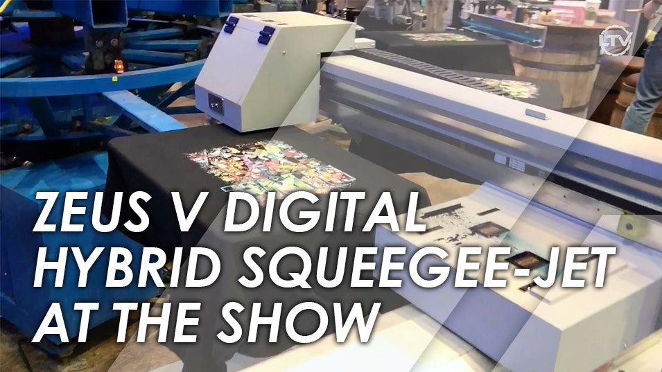 Zeus V Digital Hybrid Squeegee-Jet - Printing with a M&R Screen Press