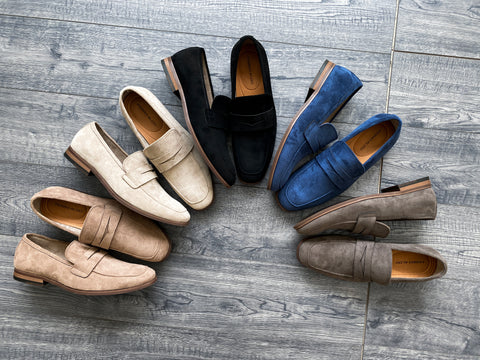 DYLAN in Cognac Suede, Beige, Black Suede, Royal Blue, and Fossil Grey