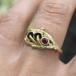 Mushroom cedar ring in gold with rustic diamond or ruby