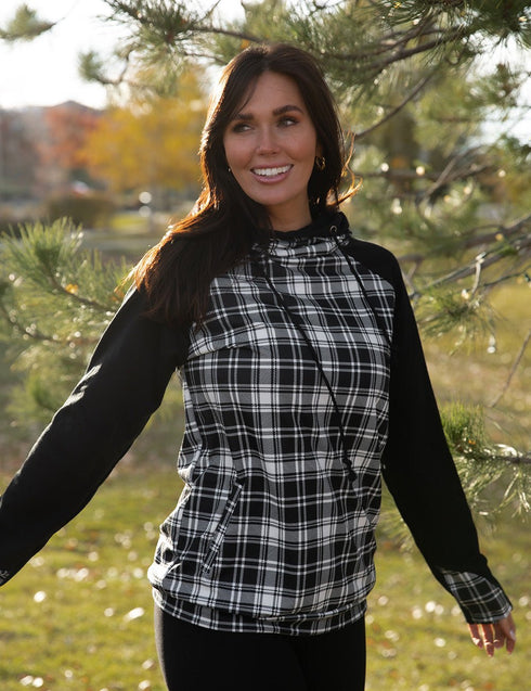 Double Hooded Black and White Plaid Sweatshirt