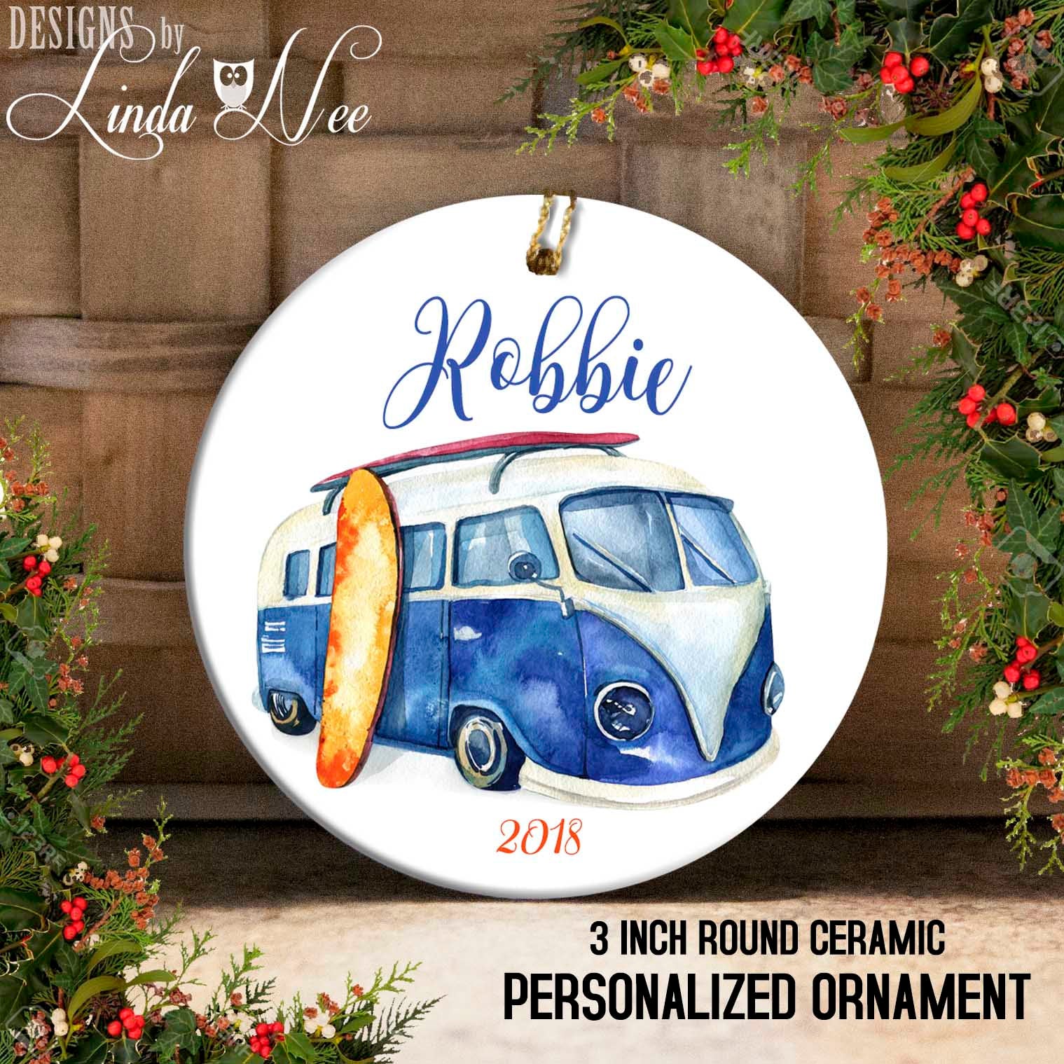 Personalized Surfer Ornament with Blue VW Bus