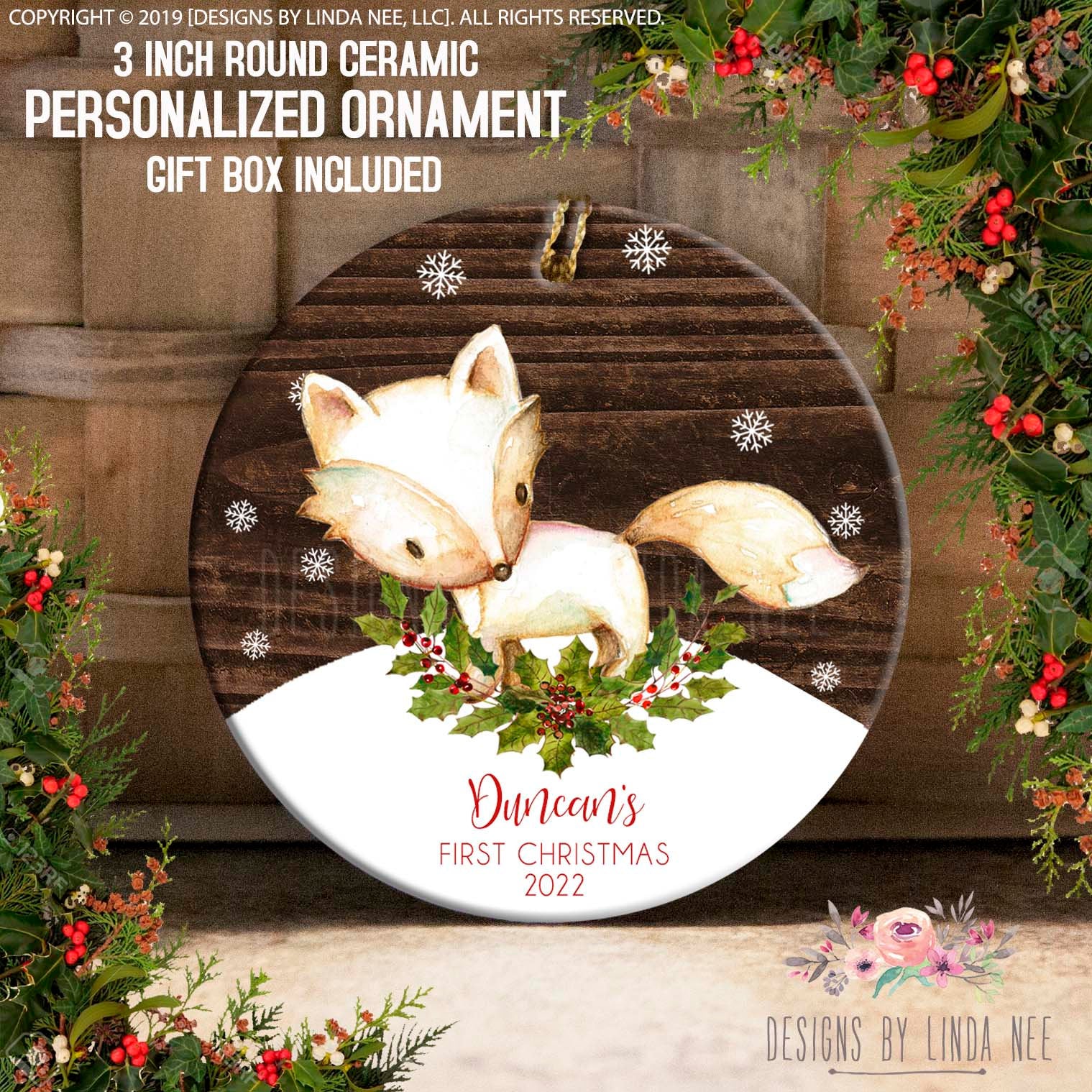 Personalized Woodland Fox Sideview and Snowflakes Ornament