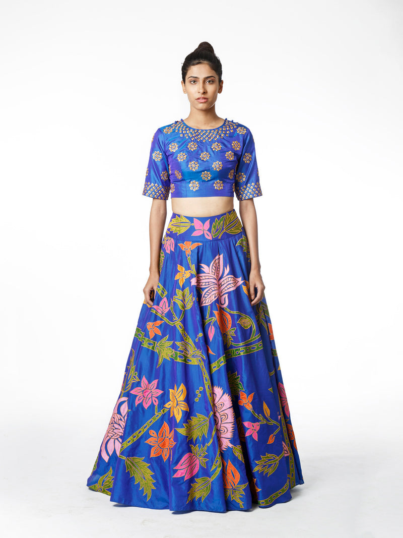 ELECTRIC BLUE EMBROIDERED LEHENGA SKIRT AND CROP TOP – Swati Vijaivargie