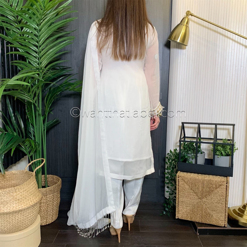 White Gold Embroidered Chiffon Suit