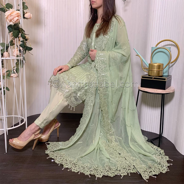Imrozia Inspired Pastel Green Heavily Embroidered Chiffon Suit