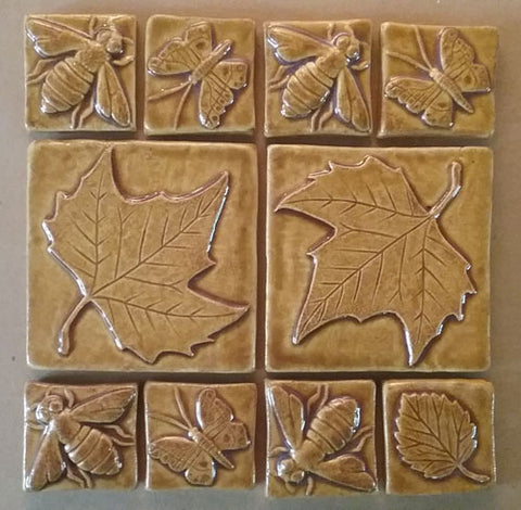 handmade tiles: sycamore leaves, honey bees, butterflies, aspen leaf