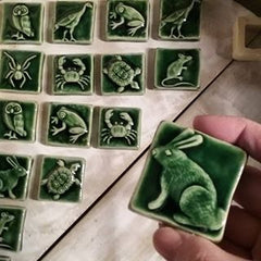 Handmade Ceramic Tiles of Animals in Green Glaze