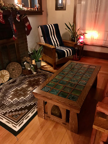 arts and crafts table with handmade tile top