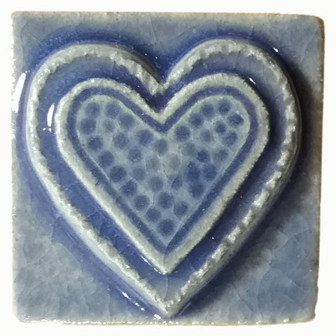 fancy heart handmade tile two inch size blue glaze