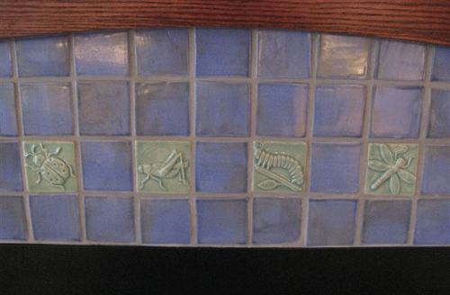 lady bug, grasshopper, caterpillar and dragonfly handmade tiles in blue glaze
