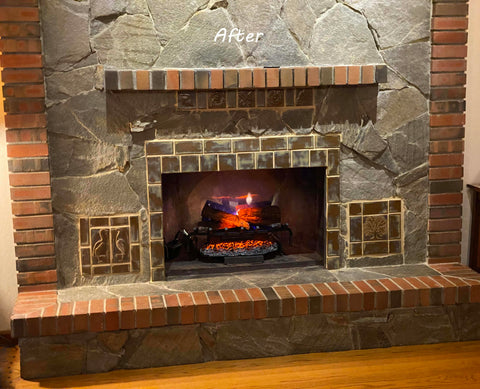 electric fireplace with handmade tile, stone and brick surround