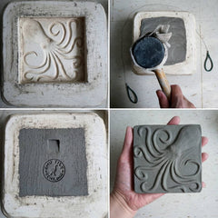 the process making an octopus handmade tile with a press mold